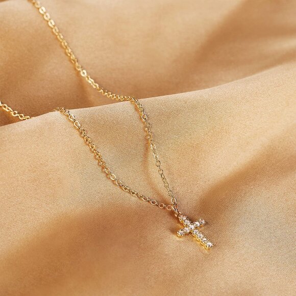3/$35 18K Gold Plated Diamond Copper Cross Cubic Zirconia CZ Pendant Necklace - Picture 7 of 9